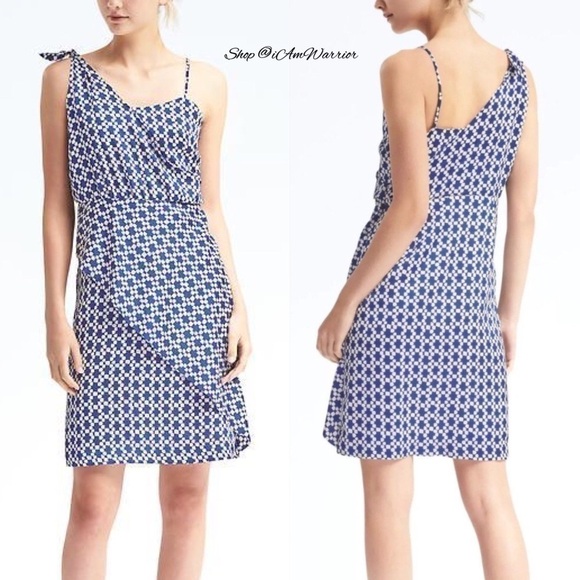 Banana Republic NWT tie shoulder blue geo print dress *shop@iamwarrior - Picture 2 of 10
